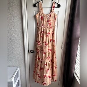 Peach Floral Maxi Dress with Red Print